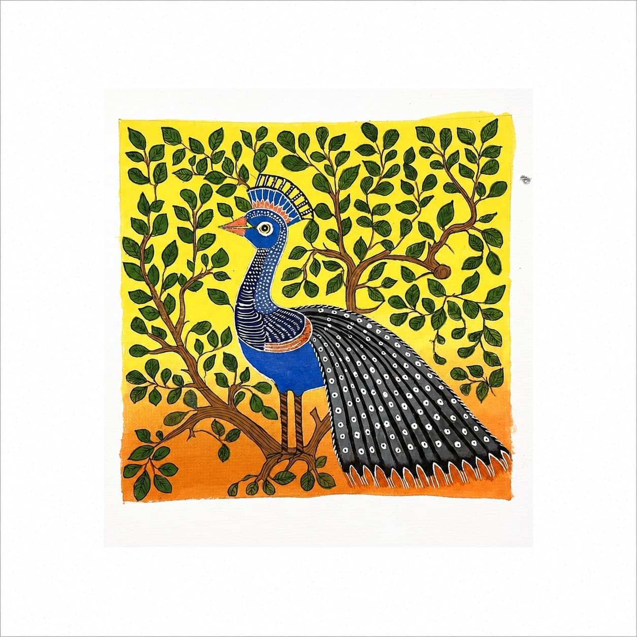 “Peacock Among the Leaves – Traditional Indian Folk Art Painting”.