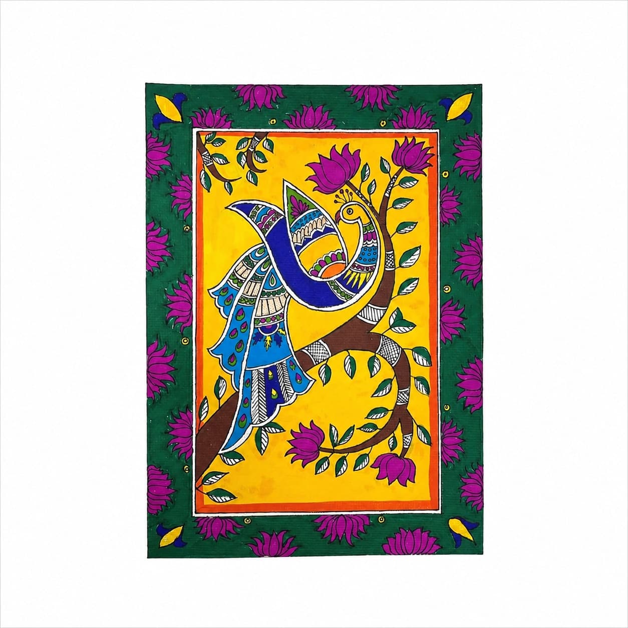     Peacock with Lotus Blossoms – Hand-Painted Madhubani Art