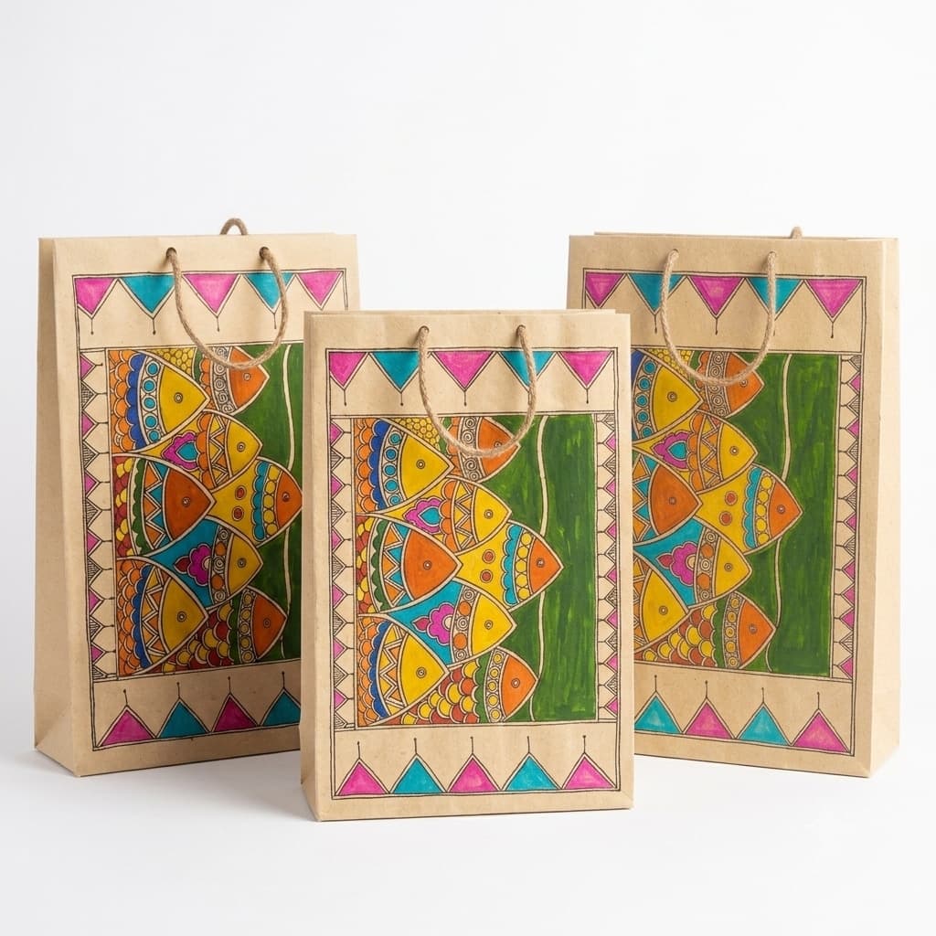 Sanskriti Hand-Painted Madhubani Fish Gift Bags (Set Of 3) 